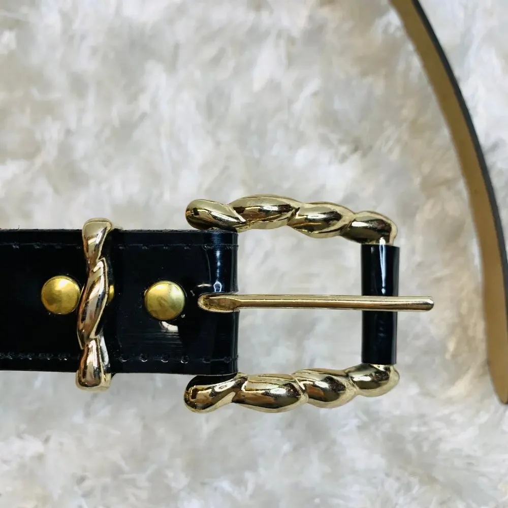 Black Patent Leather Belt Vintage Medium Large Gold Buckle
